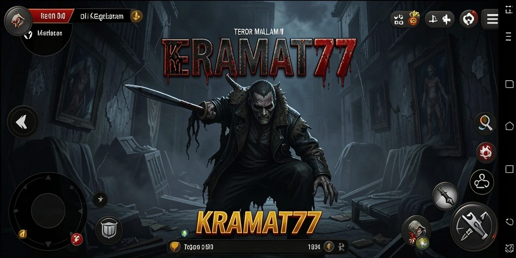 Tampilan gameplay KRAMAT77 dengan suasana horor yang menakutkan.