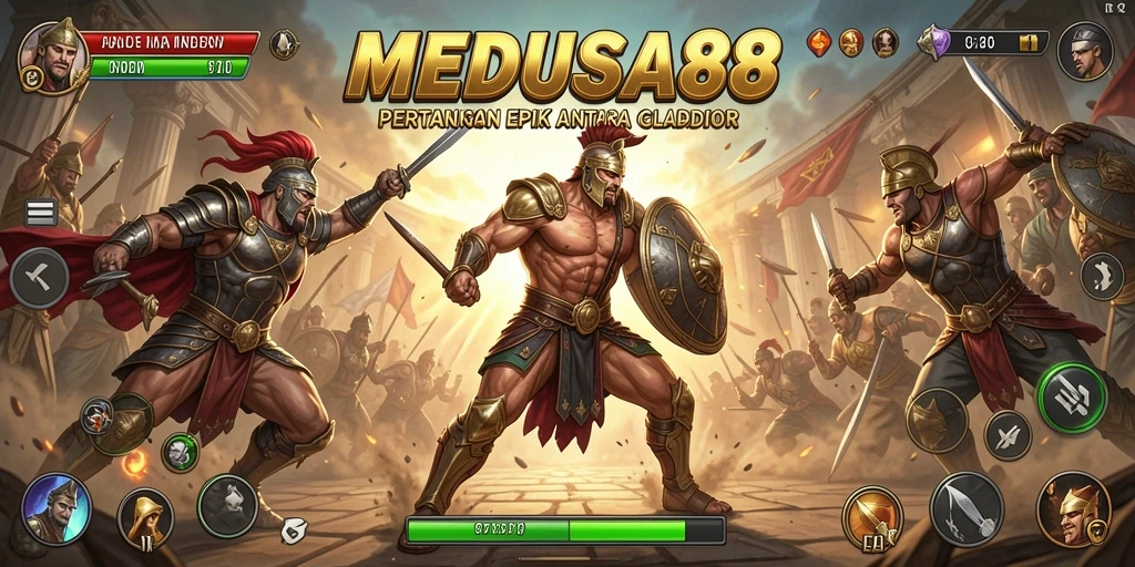 Tampilan pertarungan seru di MEDUSA88 dengan karakter yang dinamis.